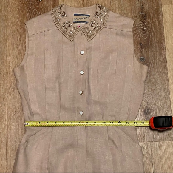 Vintage 1940’s 50s rhinestone beads linen dress pleats buttons Medium M 28”w VLV - Picture 7 of 12